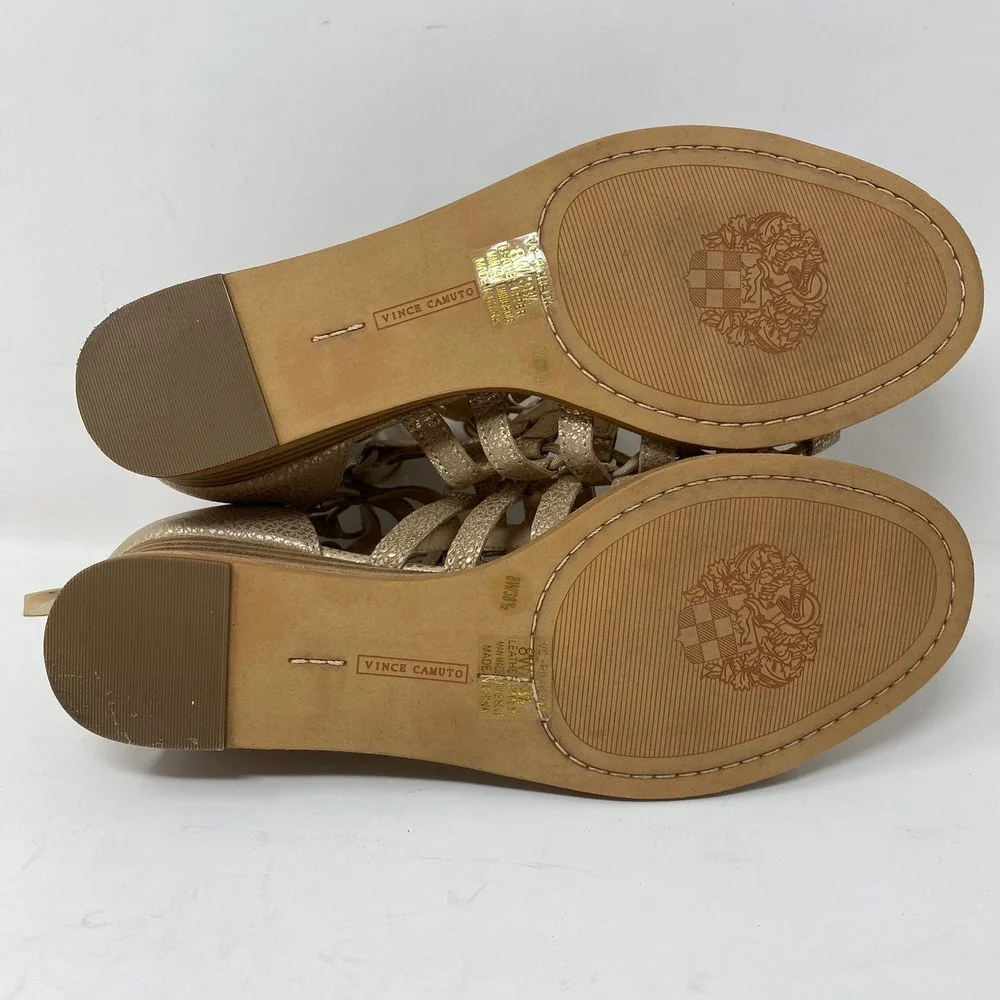 Vince Camuto Women 8W Richetta Gladiator Wedge Sandals Gold Leather Strappy Cage